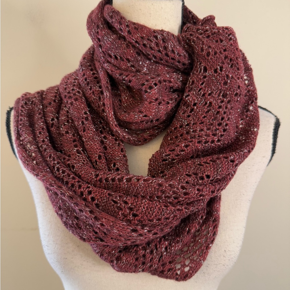 Vanity burgundy red & white metallic crochet knit infinity scarf. OS